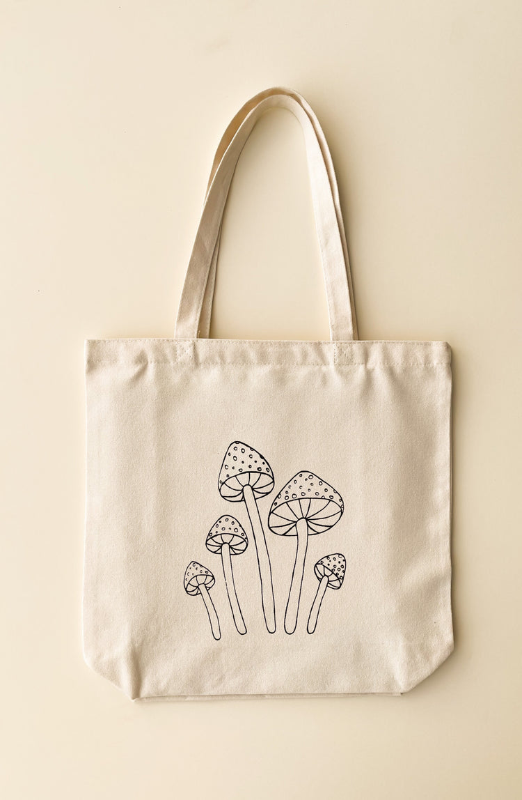 canvas tote bag with 5 mushrooms