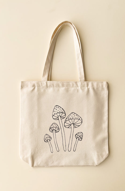 canvas tote bag with 5 mushrooms 